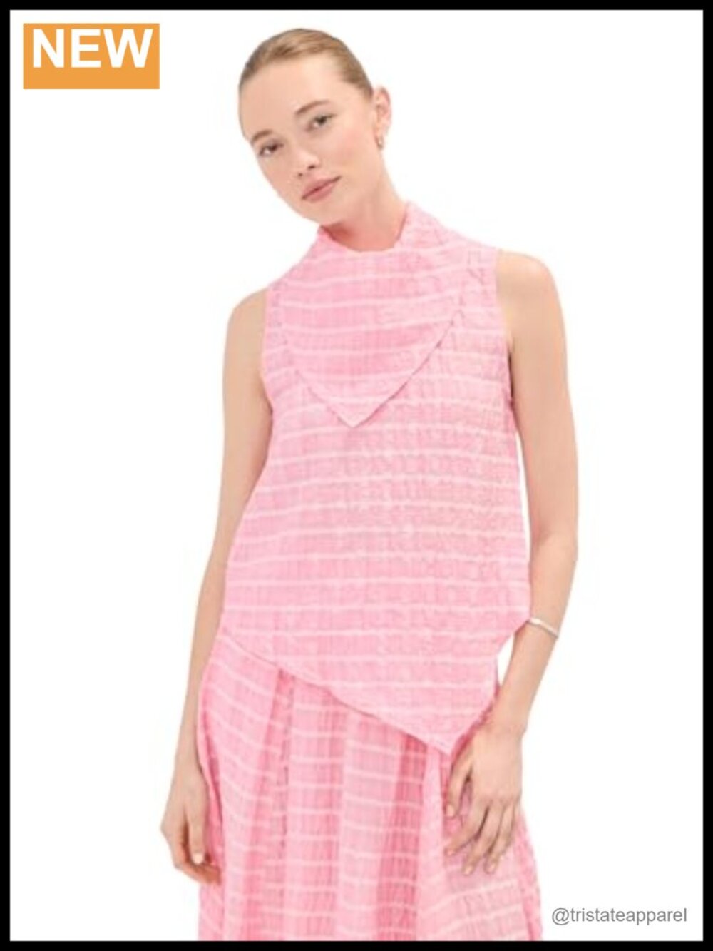 Women's Sleeveless Checked Seersucker Blouse with Draped Detailing